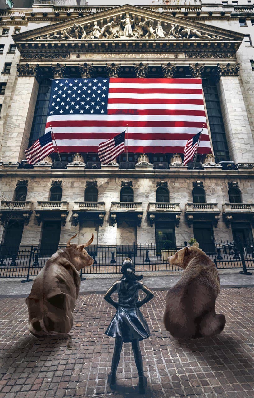 Chica intrépida con oso, toro y bandera de Estados Unidos Póster